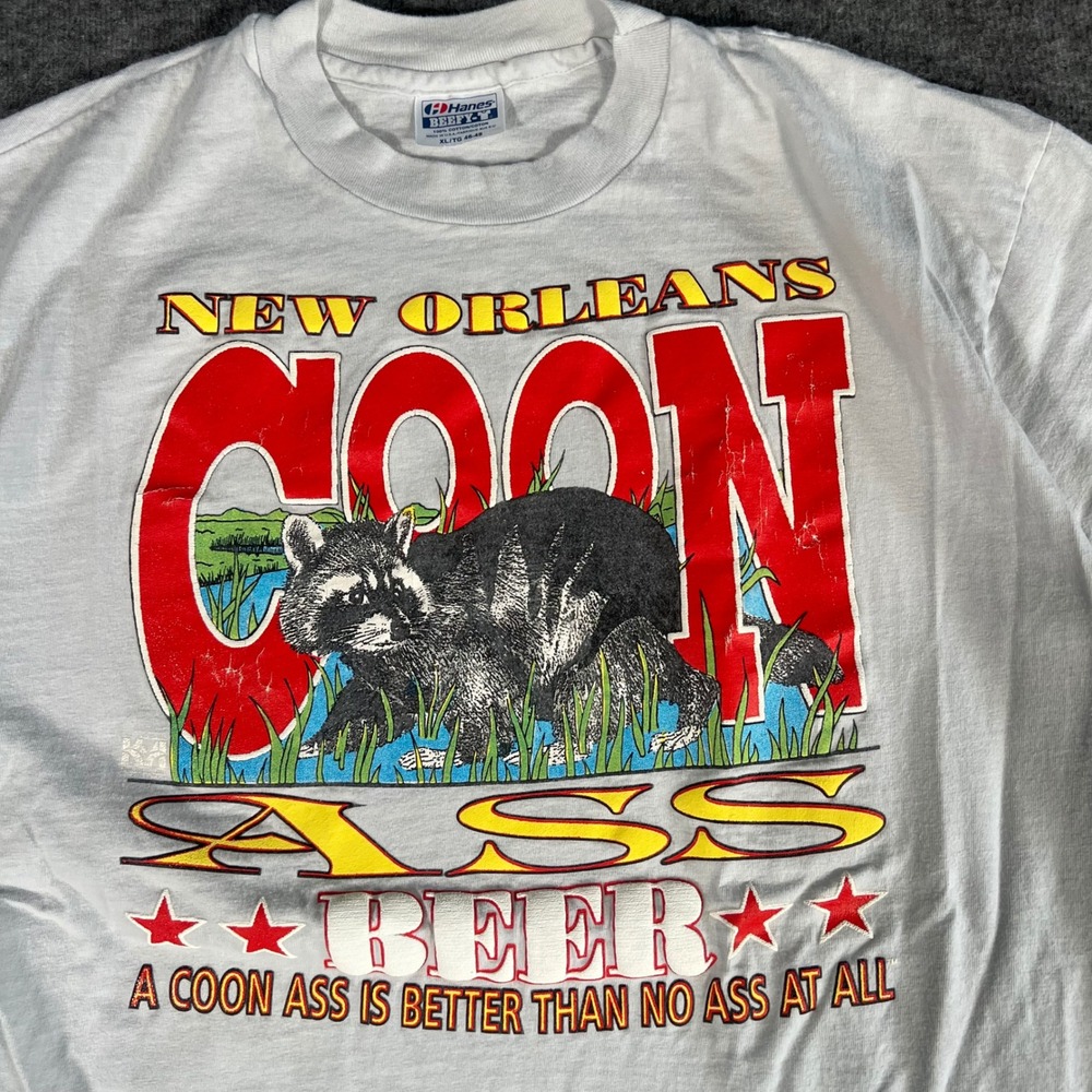 Vintage 80s Hanes Beefy-T New Orleans Coon Ass Beer Graphic T-Shirt XL White USA